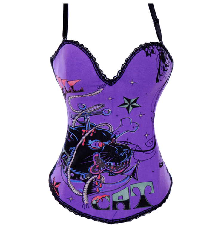 Hell Cat Graffiti Print Corset Purple N2081