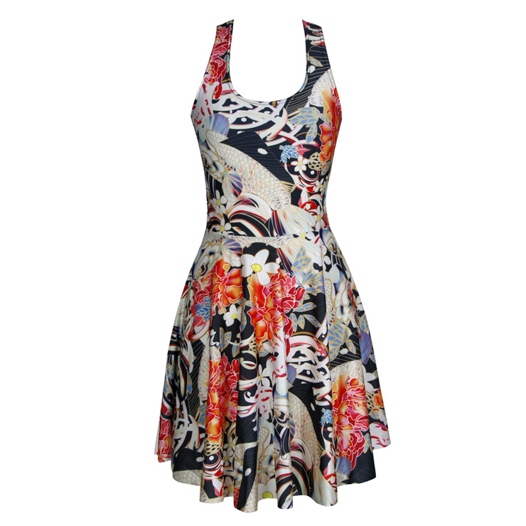 Japenese Style Koi Tatoo and Floral Print Sleeveles Vest A-line Summer ...