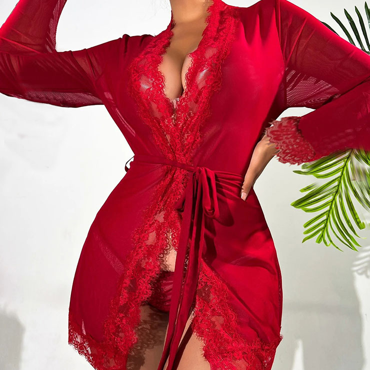 Sexy Robe, Soft Nightgown, Lace Lightweight Sleepwear Robe, Sexy Sleepwear Bathrobe, Red Mesh Bathrobe Nightgown, Flare Sleeve Bathrobe, Red Long Sleeve Nightgown for Women, #N22848