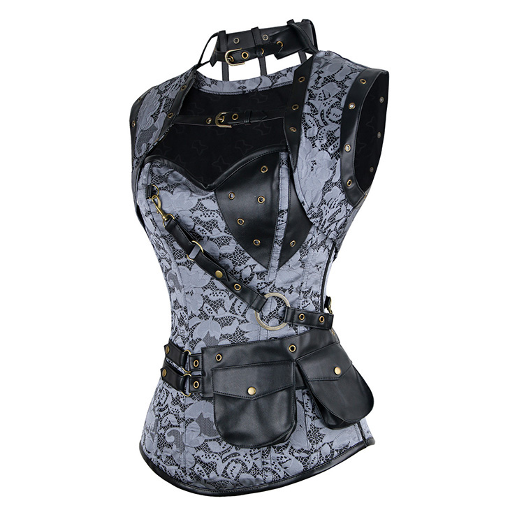 Black Faux Leather and White Lace Corset, Steel Boned Corset with Sleeveless Jacket, Steampunk High Neck Pocket Corset, #N8980