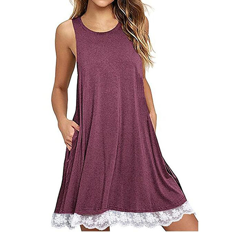 Sexy Red Sleeveless Lace Splicing Casual T-Shirt Dresses with Pockets ...