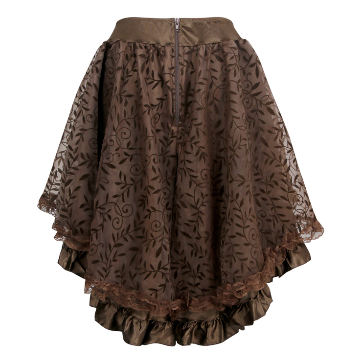 Elegance Lace and Satin Skirt, Black High Low Skirt, Lace and Satin High Low Skirt, Brown Vintage Skirts, Gothic Style Skirts, Asymmetrical Skirts, #HG14930