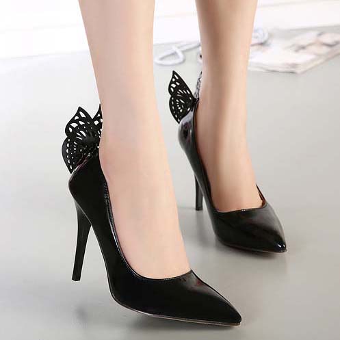 Lady Black Butterfly Pattern Pointed Toe High-heeled Shoes SWS20194