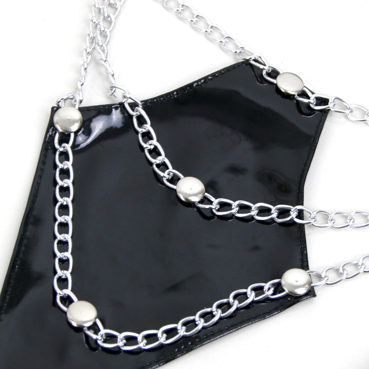 Dew Chest Metal Sexy Set, Open Bust Body Metal Chain Black Leather Set, Chain with Leather Collar and Thong, #N8475