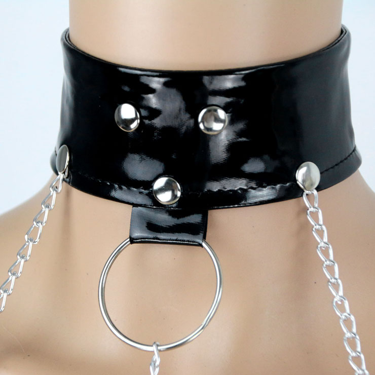 Dew Chest Metal Sexy Set, Open Bust Body Metal Chain Black Leather Set, Chain with Leather Collar and Thong, #N8475
