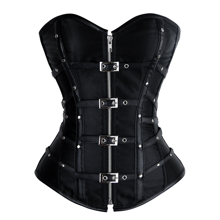 Strapless Satin and Leather Corset, Buckle Studded Corset, Black Steampunk Rivet Overbust Corset, #N9169