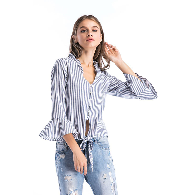 Leisure V Neck Long Sleeve Button Cardigan Lace-up Summer Loose Striped ...