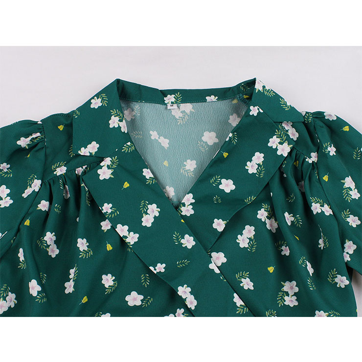Floral Print Shirt Tops, Lapel Short Sleeve Casual Blouse,Casual Short Sleeve Blouse, Crop Top Shirt,Women Green Floral Print Blouse,Fashion Green Floral Print Shirt ,Summer Loose Shirt , #N21334