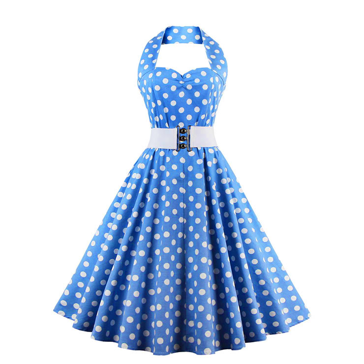 Vintage Wave Point Printing Light-blue Hanging Neck Backless Cocktail Party Midi Dress N23002