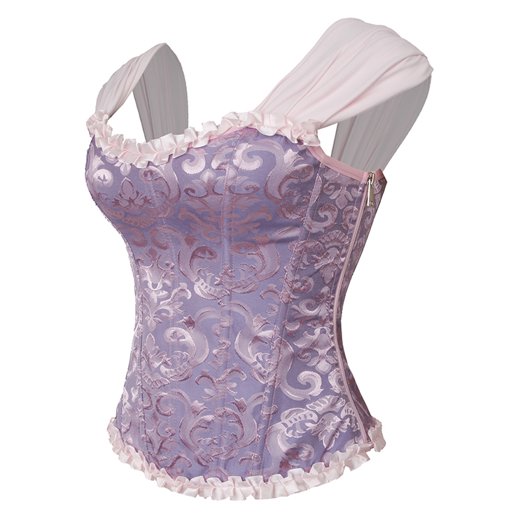 lilac corset, vintage bustier, ruffle shoulder corset, adjustable lace-up, dance corset, floral corset, pink lace trim, performance wear, retro lingerie, theatre costume, feminine bustier, Victorian style corset, elegant bustier, vintage dancewear, lace-up bodice #N237865