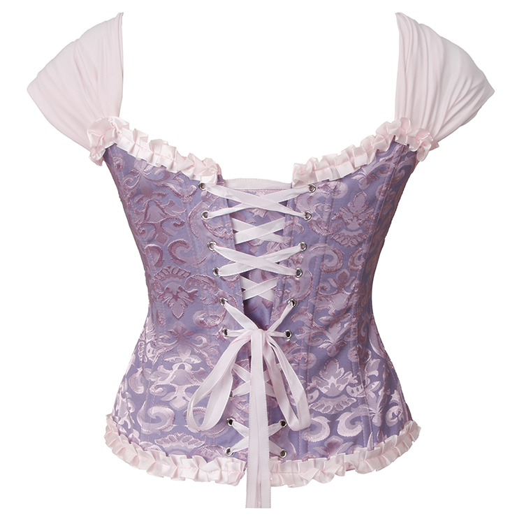 lilac corset, vintage bustier, ruffle shoulder corset, adjustable lace-up, dance corset, floral corset, pink lace trim, performance wear, retro lingerie, theatre costume, feminine bustier, Victorian style corset, elegant bustier, vintage dancewear, lace-up bodice #N237865