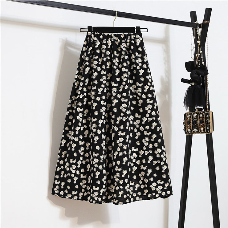 Fashion Long A-Line Skirt, Sexy High Waist Flared Skirt for Women, Fashion Little Daisy Print Flared Long Skirt, Casual Little Daisy Print A-Line Skirt, Retro Casual Printed A-Line Skirts, #N21053