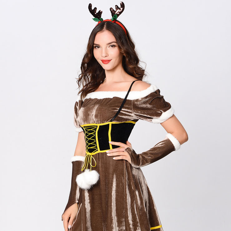 Mini Holiday Dress, Inexpensive Christmas Gifts, Sexy Christmas Dresses, Cute Elk Animal Dress, Lovely Brown Spaghetti Straps Dew Shoulder Elk Christmas Mini Holiday Dress,#XT22534