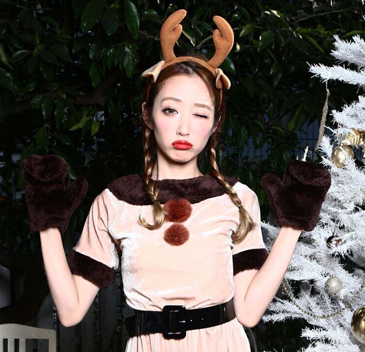 Cheap Beige Velvet Christmas Dress, Fashion Girl Reindeer Costume, Comfortable Beige Christmas Costume, #XT9827