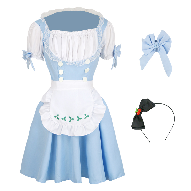 Lovely Maid Costume with Headwear, Adult Maid Cosplay Costume, Lovely Lolita Dress Costume, Maid Fancy Dress Cosplay Costume, Blue French Maid Halloween Costume, Short Sleeve Square Neck Midi Dress, #N17040