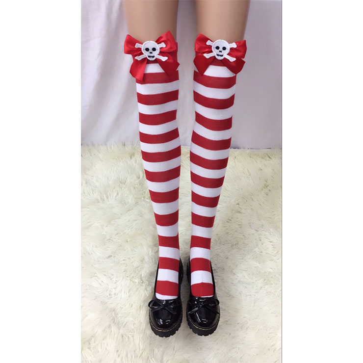 Halloween Stockings, Sexy Thigh Highs Stockings, Red-white Strips Cosplay Stockings, Skeleton Thigh High Stockings, Stretchy Nightclub Knee Stockings, #HG18505