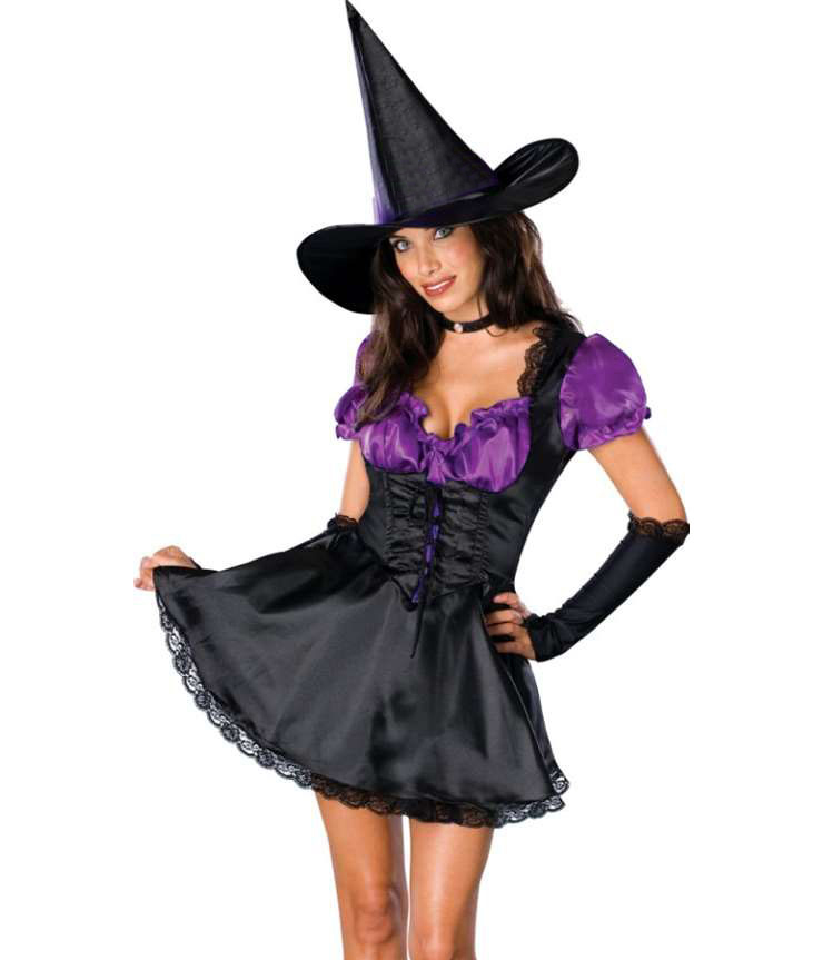 Sexy Witch Costume for women includes a lace dress in satin look with flare...