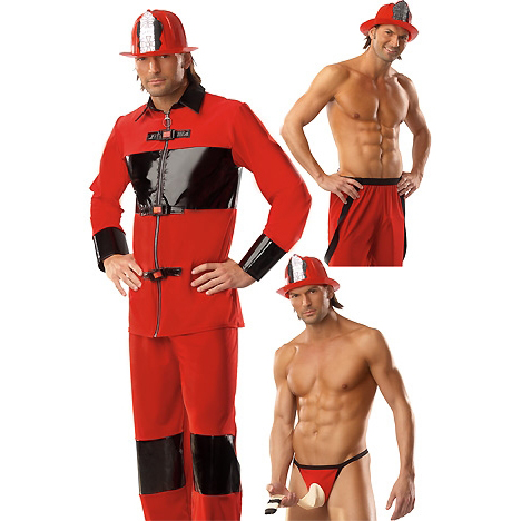 3 Piece Men Fire Fighter Costume includes Jacket, Pants, and G-string. 