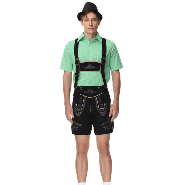 3pcs Men's Deluxe Suspenders and Gingham Shirt Bavarian Oktoberfest Lederhosen Costume N21518