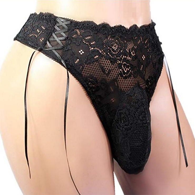 Men's Sexy Black Sheer Lace Elastic G-string Male Undergarments Thong PT18729