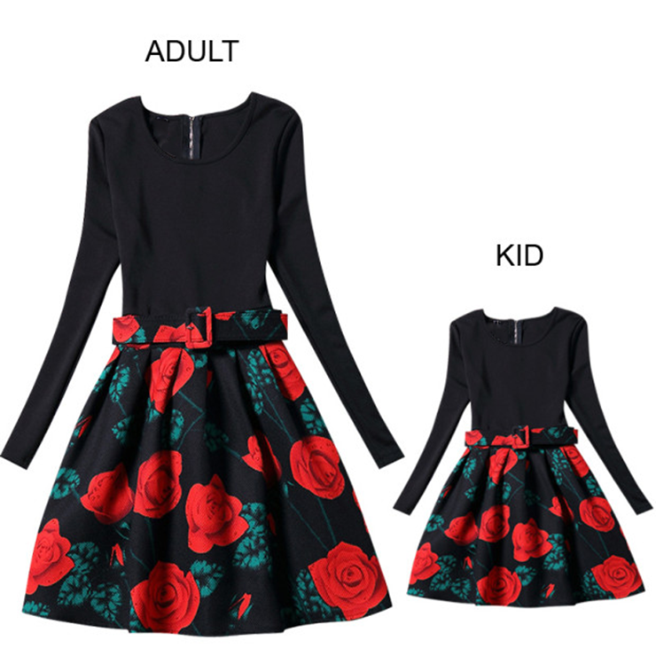 Mother and Daughter Vintage Dress, Fashion Mom&Me Clothing, Vintage Dress for Mom&Me, Dresses for Mom&Me, Long Sleeve Dress for Mother and Daughter, Floral Print Tank Mini Dress, #N15529