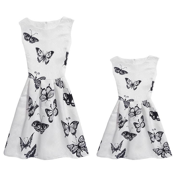 Mom&Me Family Matching Vintage White Sleeveless Butterfly Pattern A-Line Casual Tank Dress N15509