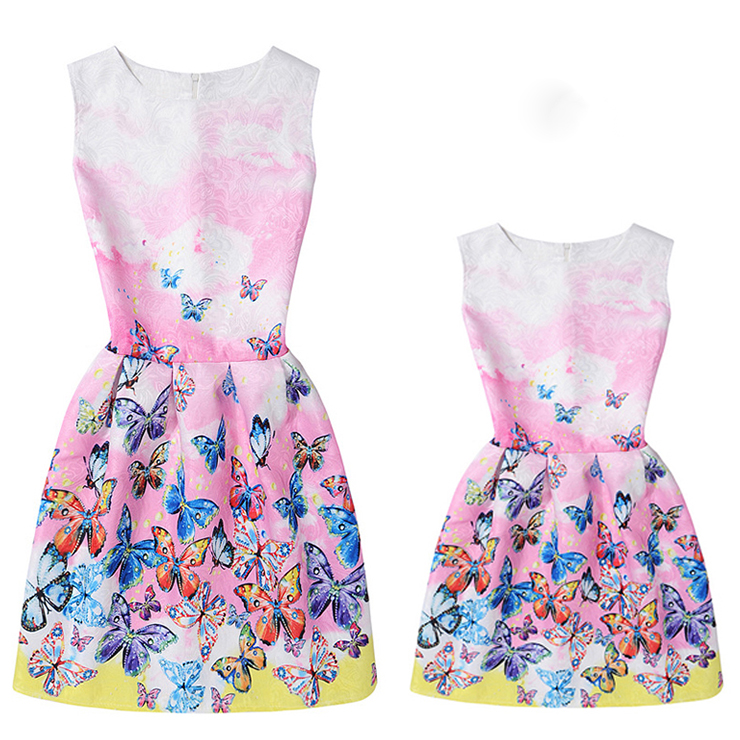 Mom&Me Family Matching Pink Vintage Sleeveless Butterfly A-Line Casual Tank Dress N15512
