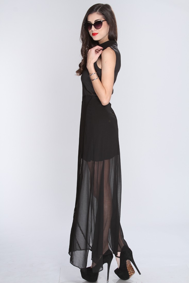Mesh in the Bottom Gown, Netted Cut Out Sleeveless Gown, Black Mesh and Knit Dress, #N8024
