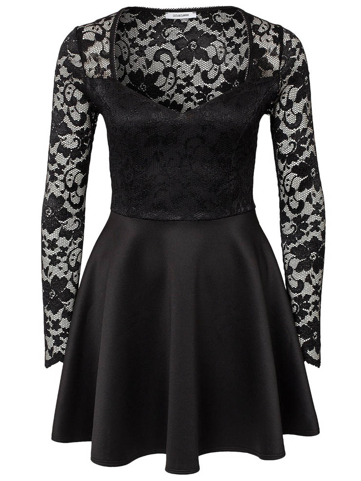 Noble Black Lace V-neck Long Sleeves Short Dress N10114