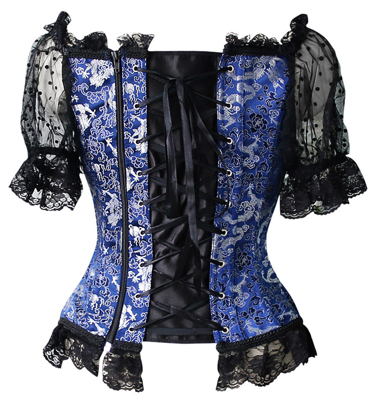 Short Sleeves Lace Up Corset, Floral Brocade Lace Up Corset, Blue Jacquard Organza Sleevees Corset, #N8400