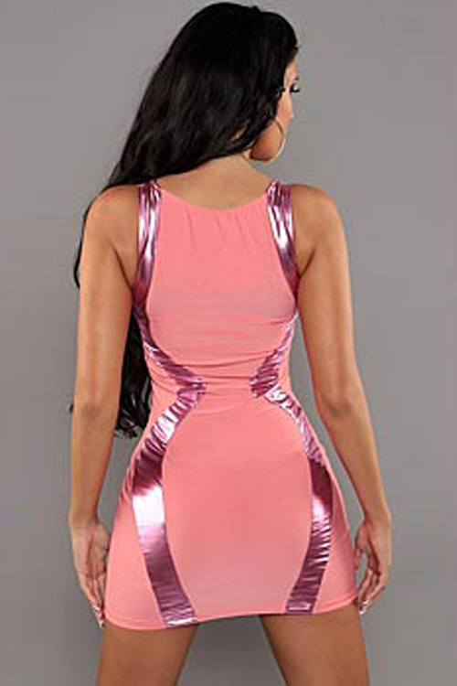 Round Neck Sleeveless Sexy Dress, Pink Tank Dress, See-through Gold Panel Insert Dress, #N8565
