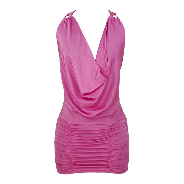 Pink Halter Deep V Backless Loose Mini Dress Clubwear N7360