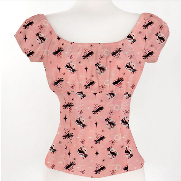 Women Pink Vintage Black Cat Print Peasant Top N14778