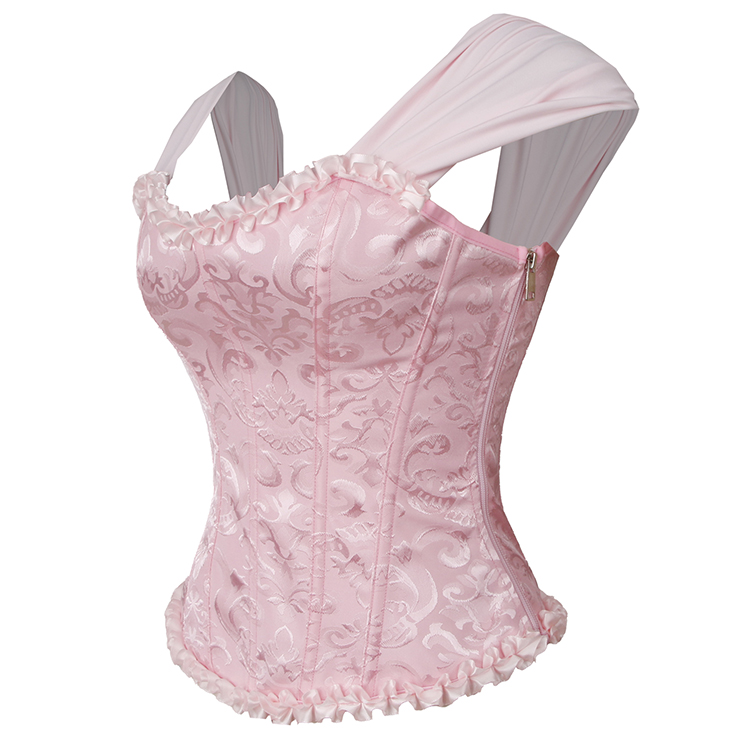 pink vintage corset, dance bustier, ruffle sleeve top, cross back lacing, retro dancewear, floral corset, adjustable corset, performance top, ruffled neckline, ballet inspired corset, feminine bustier, costume corset, vintage lingerie, dance costume, theatrical corset #N237864