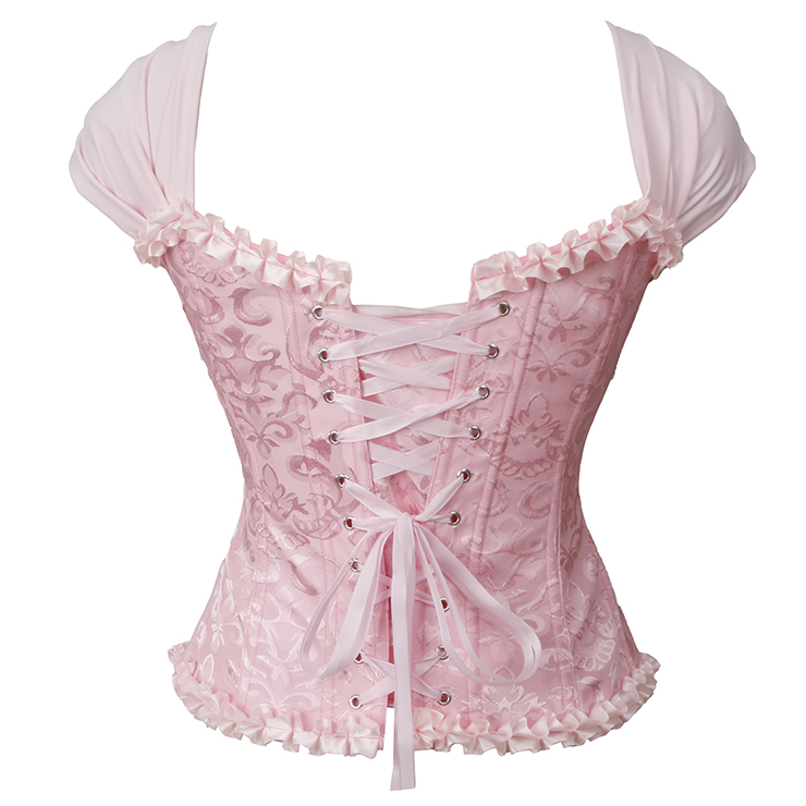 pink vintage corset, dance bustier, ruffle sleeve top, cross back lacing, retro dancewear, floral corset, adjustable corset, performance top, ruffled neckline, ballet inspired corset, feminine bustier, costume corset, vintage lingerie, dance costume, theatrical corset #N237864
