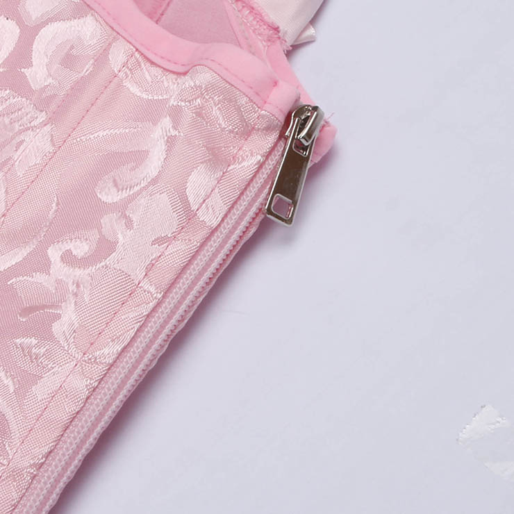 pink vintage corset, dance bustier, ruffle sleeve top, cross back lacing, retro dancewear, floral corset, adjustable corset, performance top, ruffled neckline, ballet inspired corset, feminine bustier, costume corset, vintage lingerie, dance costume, theatrical corset #N237864