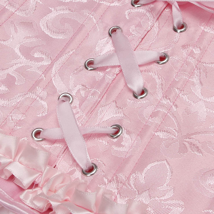 pink vintage corset, dance bustier, ruffle sleeve top, cross back lacing, retro dancewear, floral corset, adjustable corset, performance top, ruffled neckline, ballet inspired corset, feminine bustier, costume corset, vintage lingerie, dance costume, theatrical corset #N237864