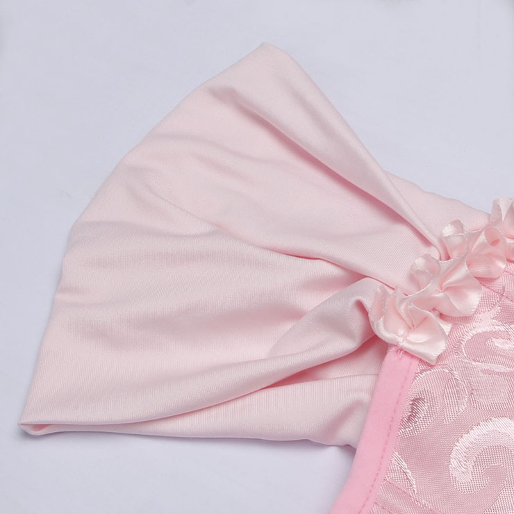 pink vintage corset, dance bustier, ruffle sleeve top, cross back lacing, retro dancewear, floral corset, adjustable corset, performance top, ruffled neckline, ballet inspired corset, feminine bustier, costume corset, vintage lingerie, dance costume, theatrical corset #N237864