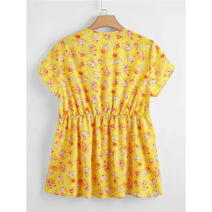 Plus Size Women's Yellow Floral Print V Neck Lacing Short Sleeve Blouse ...