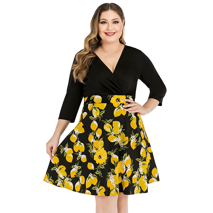Plus Size Vintage V Neck 3/4 Sleeve Splice Lemon Flower Print High Waist Swing Dress N20573