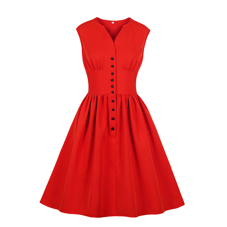 Plus Size Vintage V Neck Front Button Sleeveless High Waist Cocktail Party Swing Dress N20765