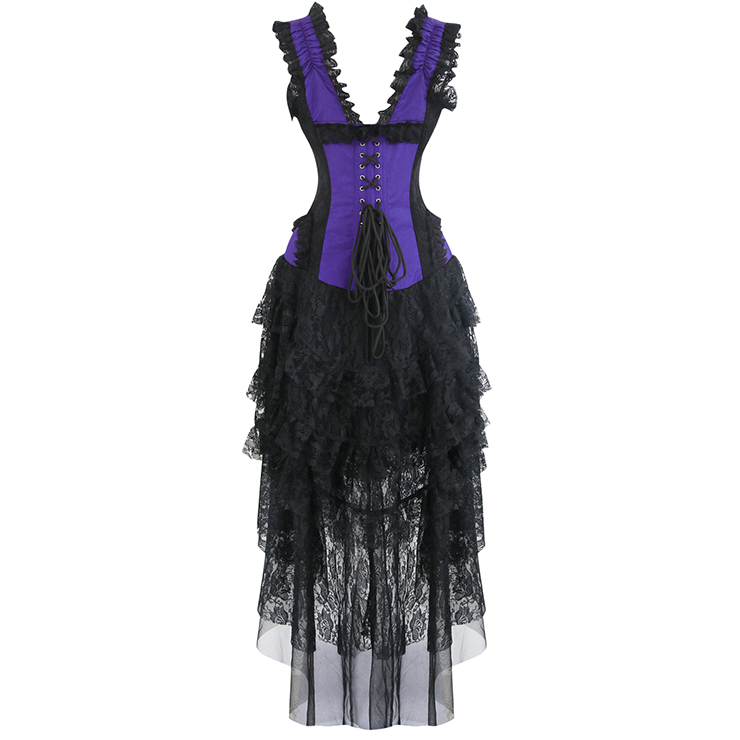 Burlesque Queen Costume, Gothic Halloween Corset Dress, Burlesque Halloween Costume for Women, Purple Lace Boned Corset Dress, One-piece Burlesque Corset Dress, #N17347