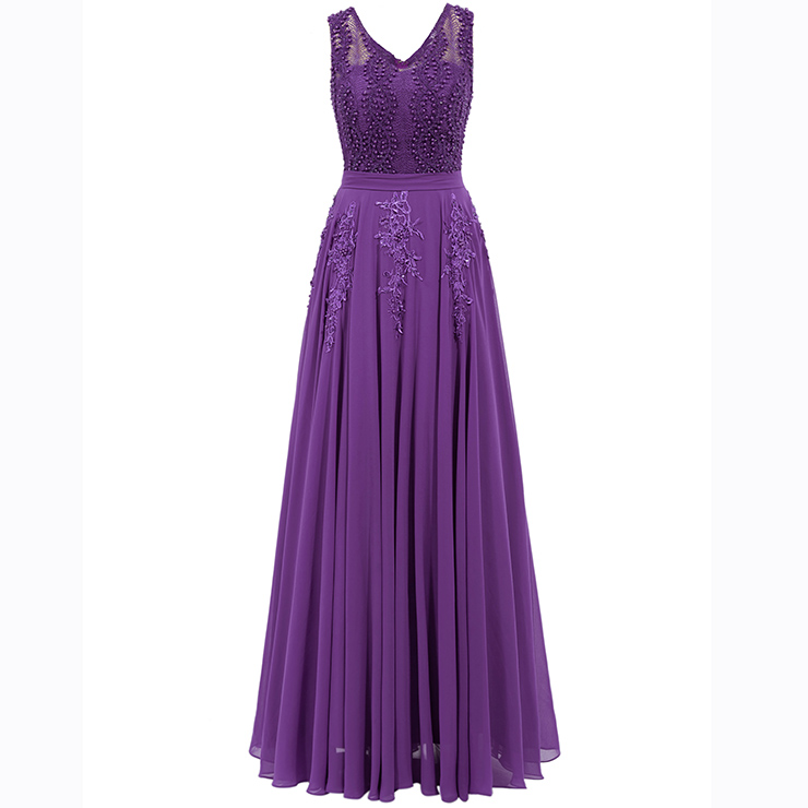 Women's Purple Sleeveless V Neck Pearl Beading Appliques Evening Gowns ...