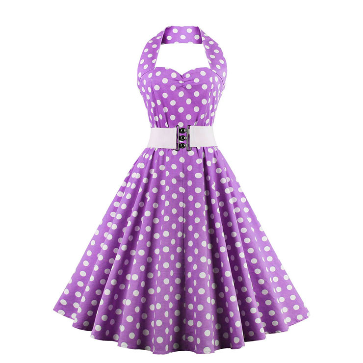 Vintage Wave Point Printing Purple Hanging Neck Backless Cocktail Party Midi Dress N23004
