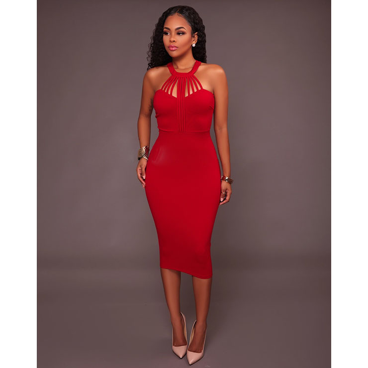 Women's Sexy Red Halter Neck High Waist Strappy Bandage Bodycon Midi Party Dress N16301