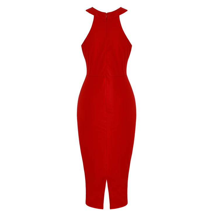 Red Sleeveless Midi Dress, Halter Neck Bodycon Dress, Red Women
