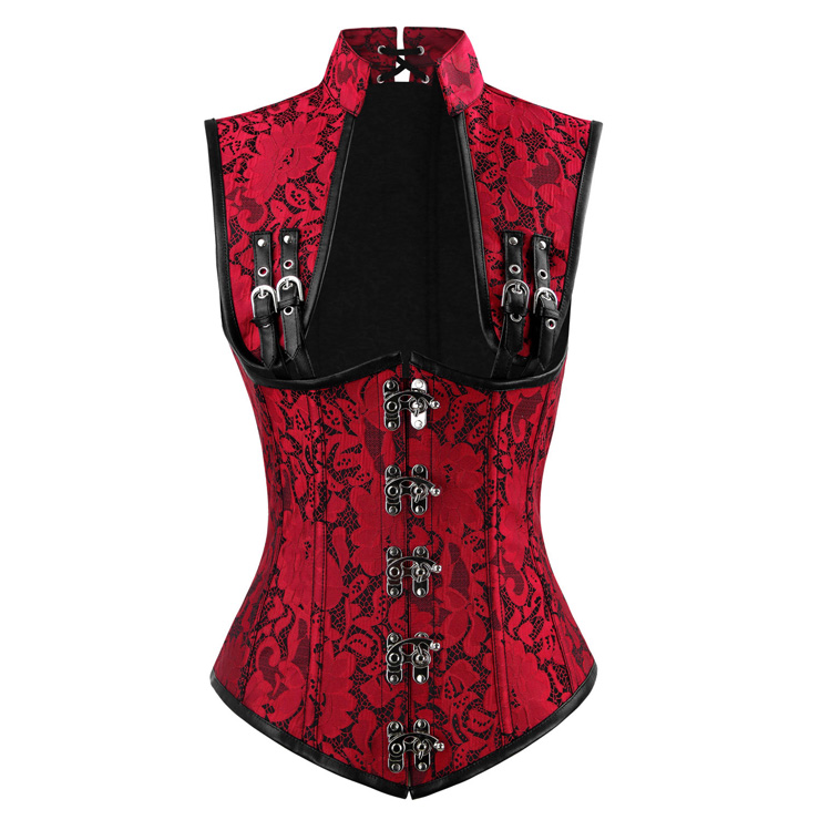 Steampunk Vintage Red Jacquard 12 Steel Boned Vest Underbust Corset N15309