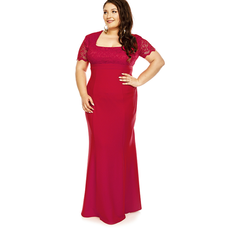 Women's Red Square Neck Splicing High Waist Plus Size Maxi Party Dress ...