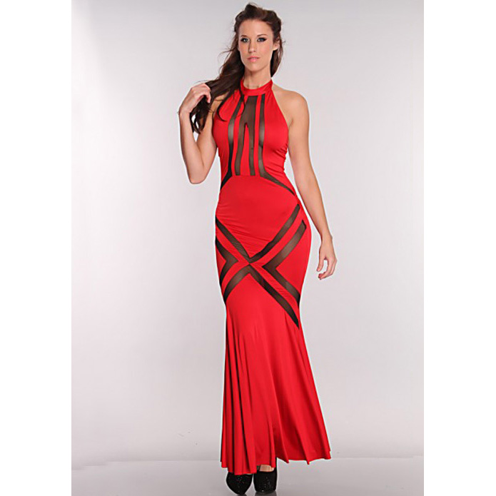 Mesh Cut Out Maxi Dress, Maxi Dress Red, Halter Neckline Maxi Dress, #N6614