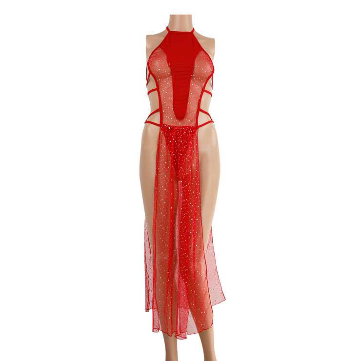 Lingerie Long Gown, Red Mesh Gown, Red Mesh Long Gown, #N7369